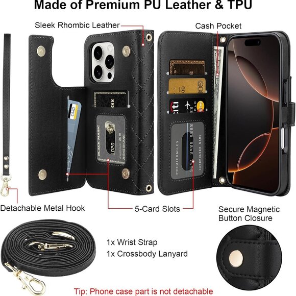 iPhone 16 Pro Max Card Holder Crossbody Wrist Strap Leather Wallet - Picture 4 of 6